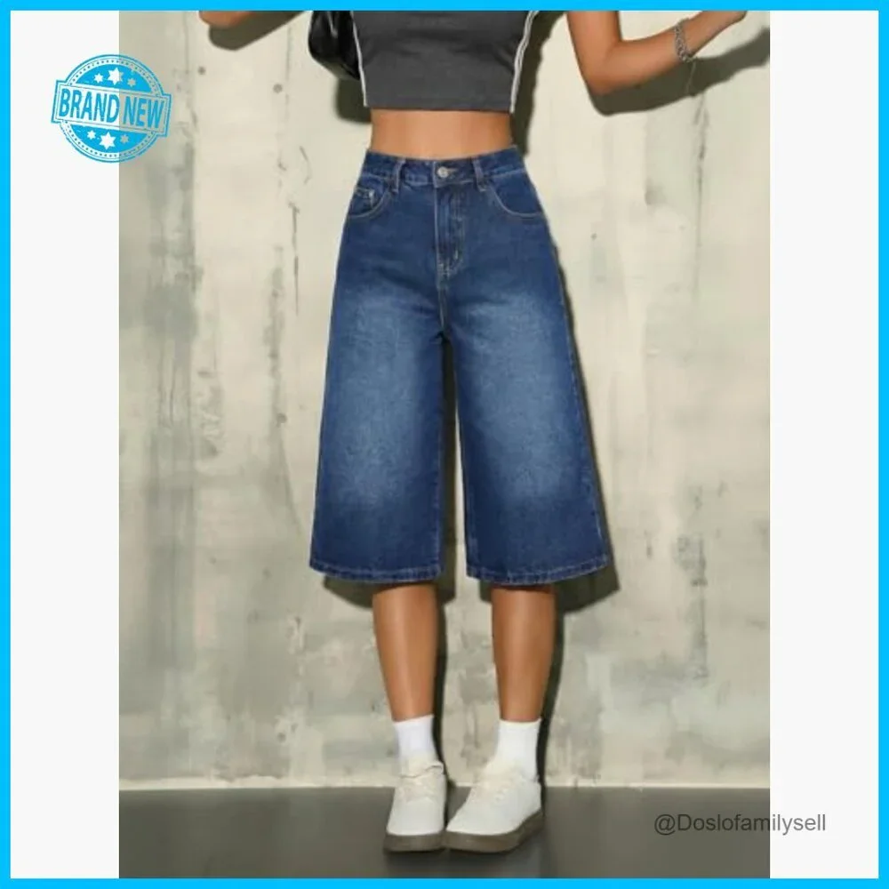 Y2K Retro Denim Bermudas Wide Leg Baggy Jean Shorts Mid High Waisted - Picture 2 of 7
